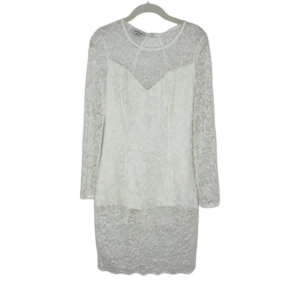 BEBE White Lace Long Sleeve Sweetheart Open Back Overlay Dress Sz Small